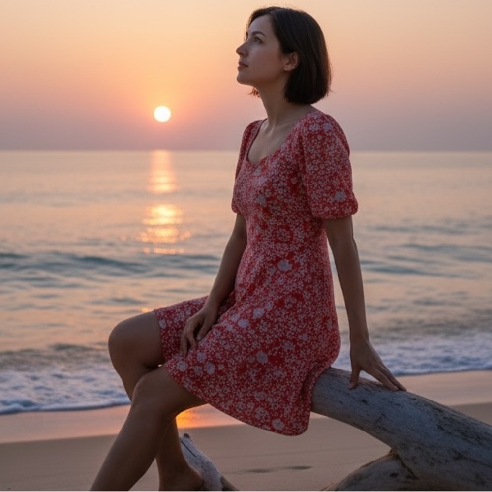 Square-Neck Coral Floral Puff-Sleeve Mini Dress